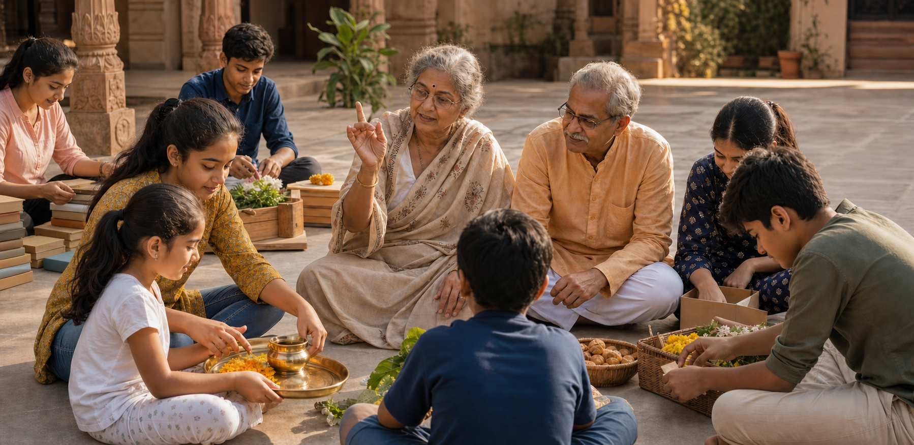Grandparents, teenagers, and children learn and prepare offerings together in a sunlit Hindu community courtyard.