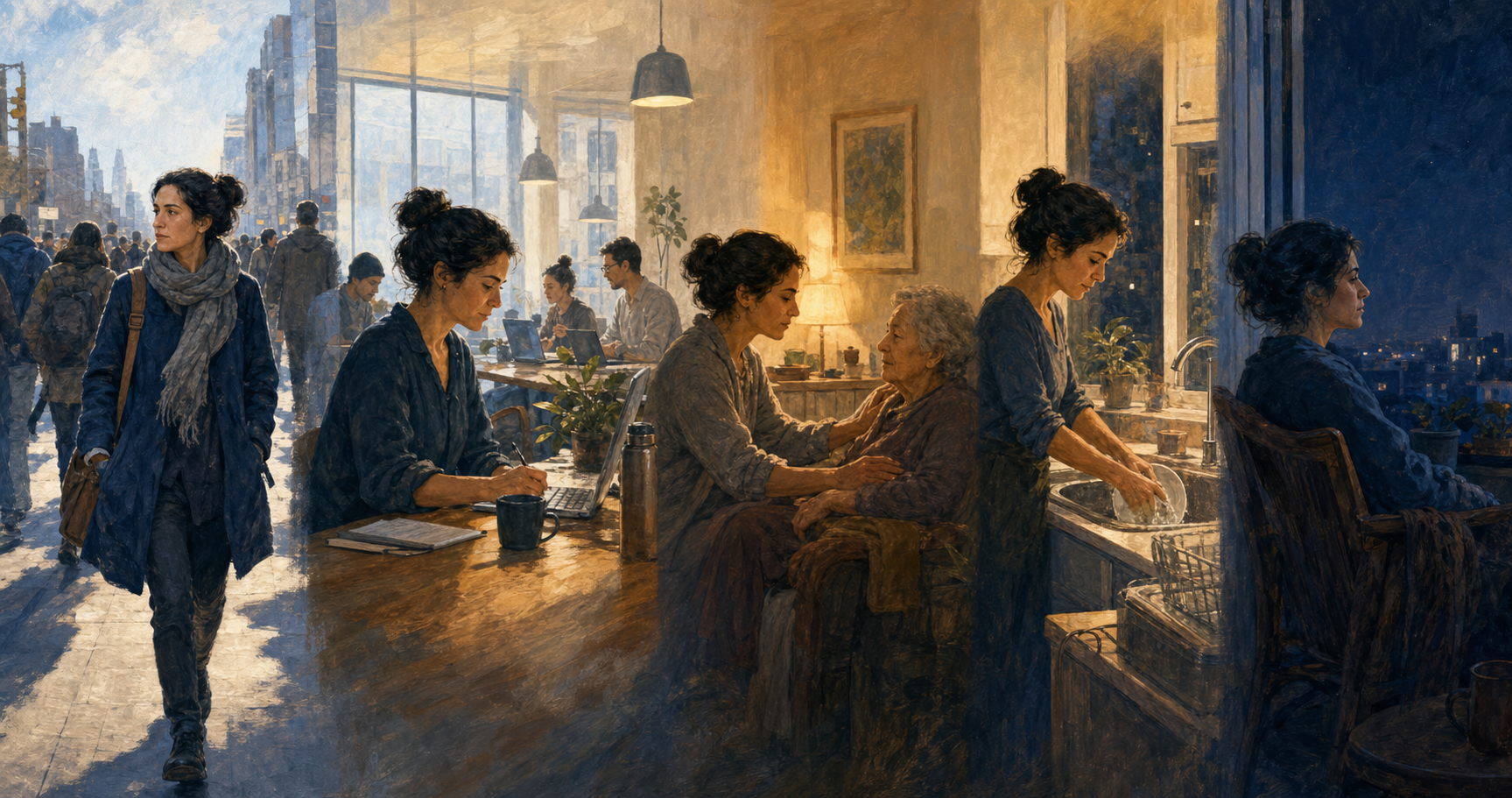 One adult moves through commuting, work, caregiving, washing dishes, and quiet evening reflection with an attentive posture.
