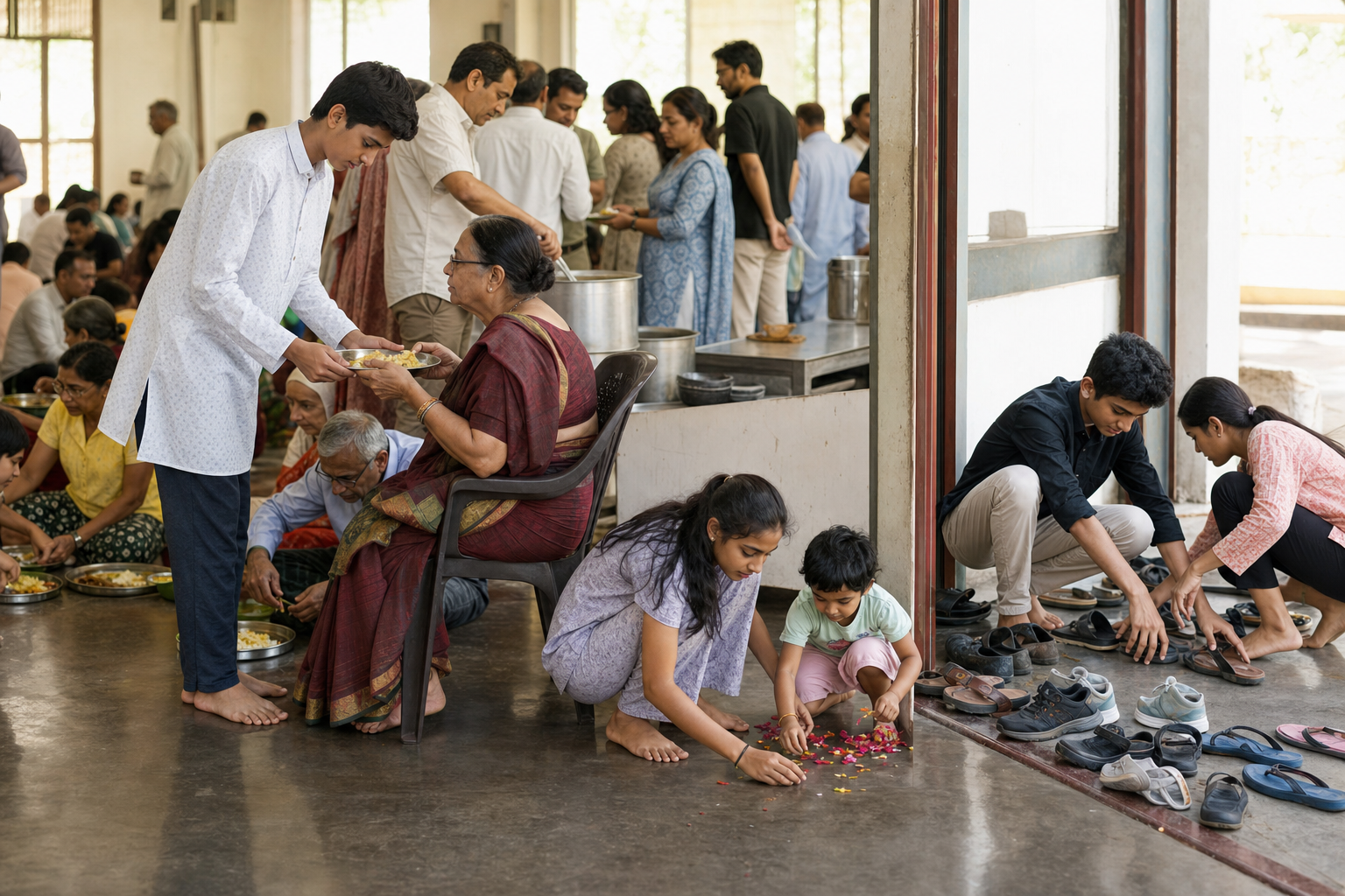 Teenagers serve an older woman, help a child, and organize footwear during a community meal.