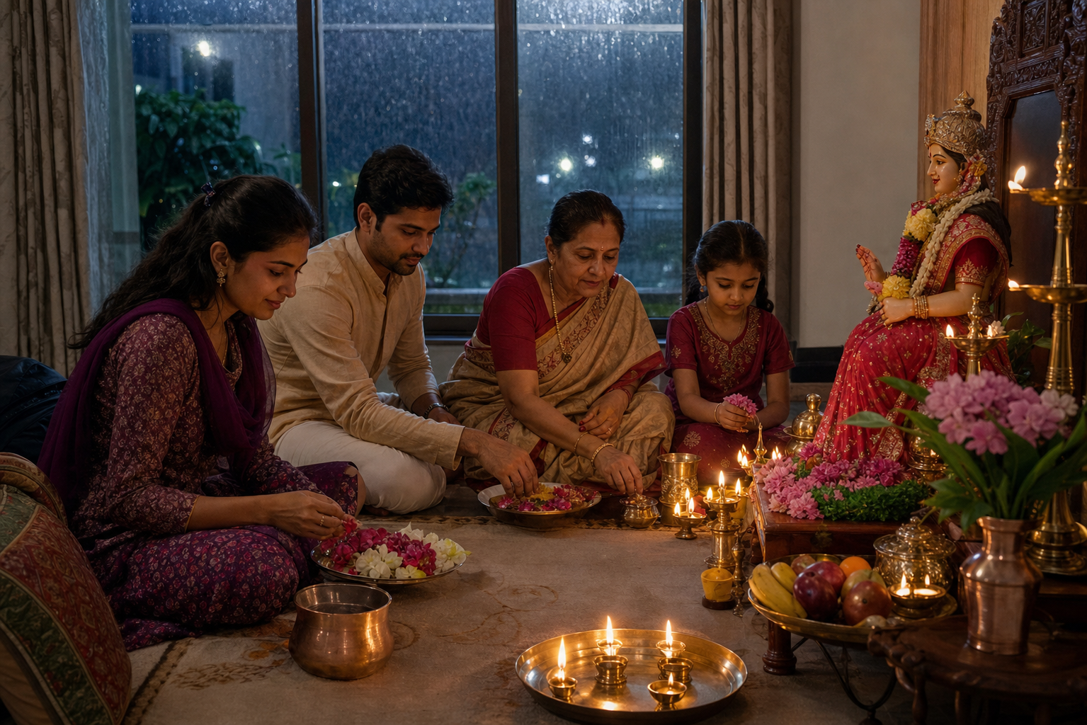A Gujarati Hindu family arranging flowers, fruit, lamps, and puja vessels at a Goddess Parvati shrine for an evening vigil.