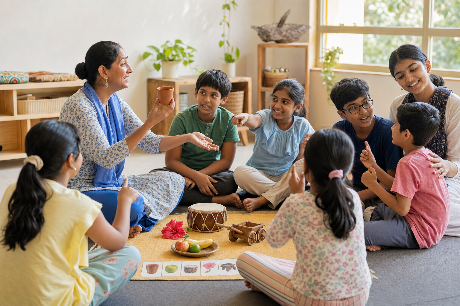 A teacher uses everyday objects and picture cards for an interactive Sanskrit lesson with children and teenagers.