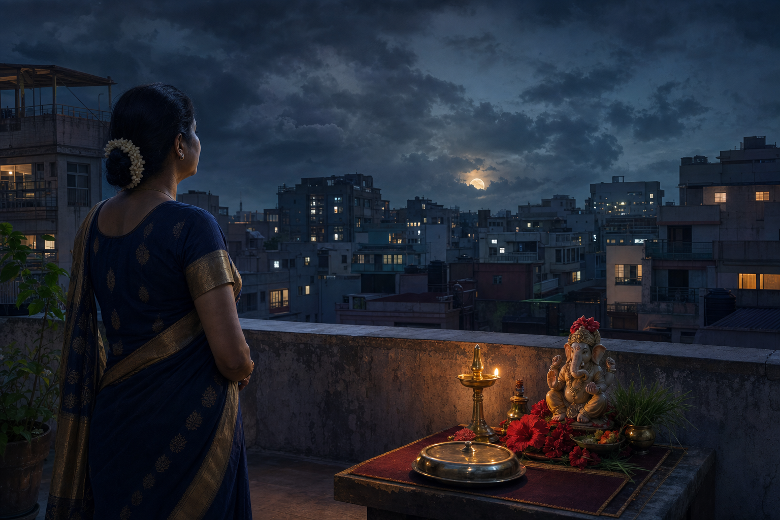 A worshipper waits beside a Lord Ganesha puja arrangement as the moon rises through monsoon clouds over an Indian city.