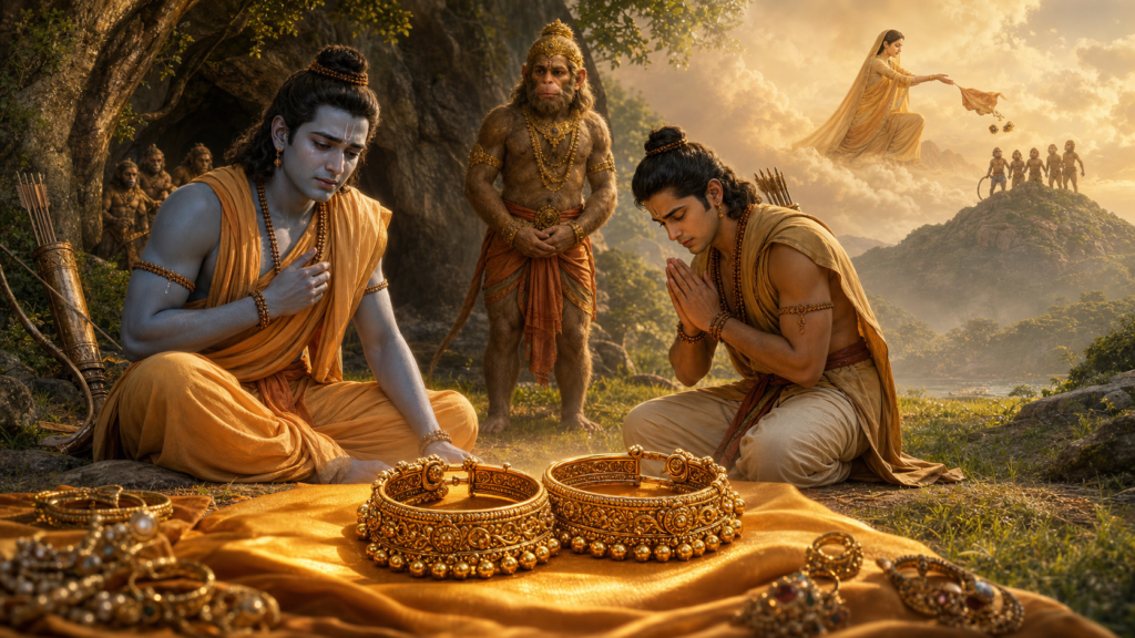 Lakshmana recognizes Sita’s gold anklets before Rama and Sugriva at Rishyamuka in a Ramayana-inspired forest scene.