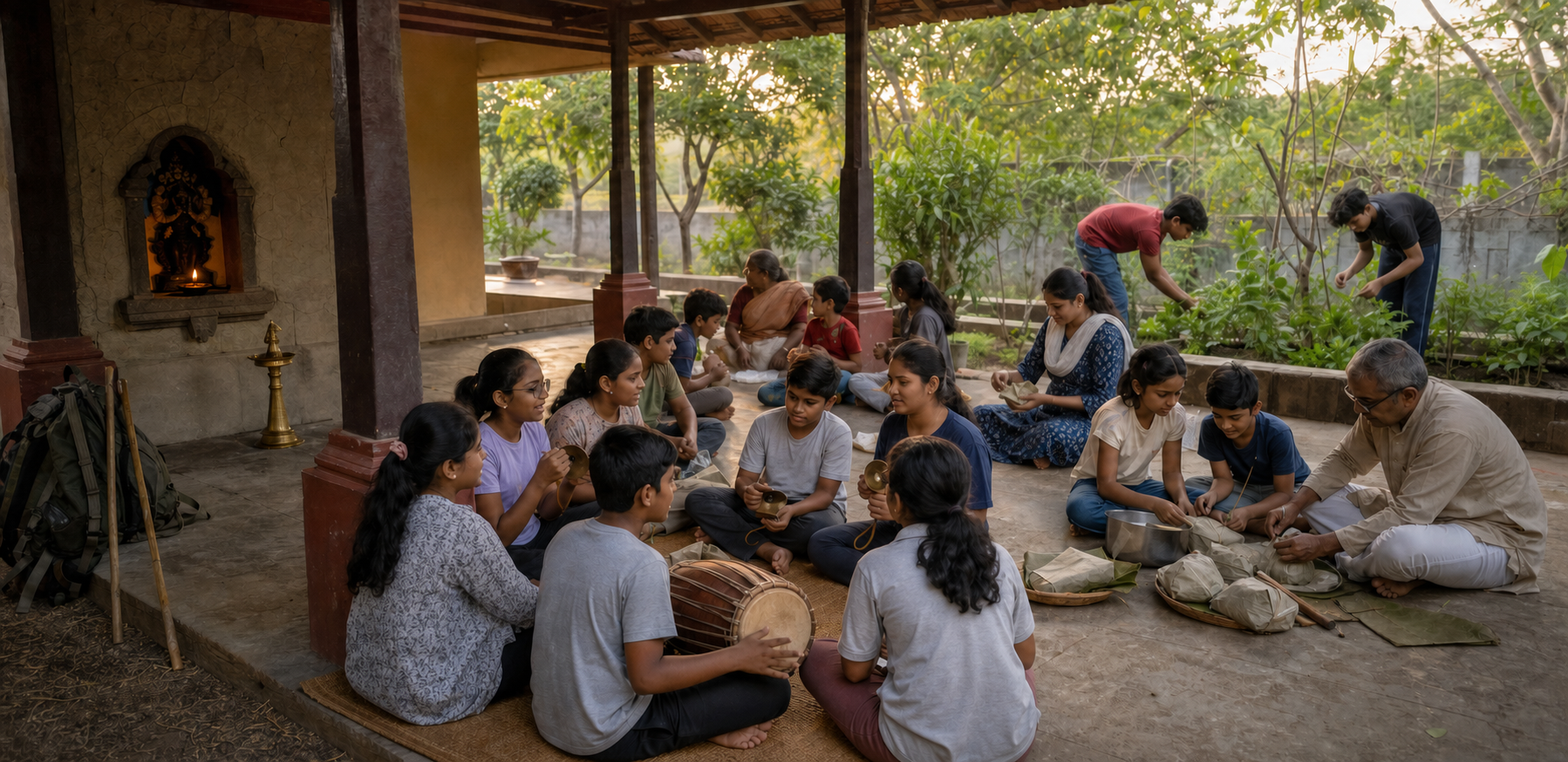Children, teenagers, parents, and an elder continue camp-inspired practice and service at a neighborhood pavilion.