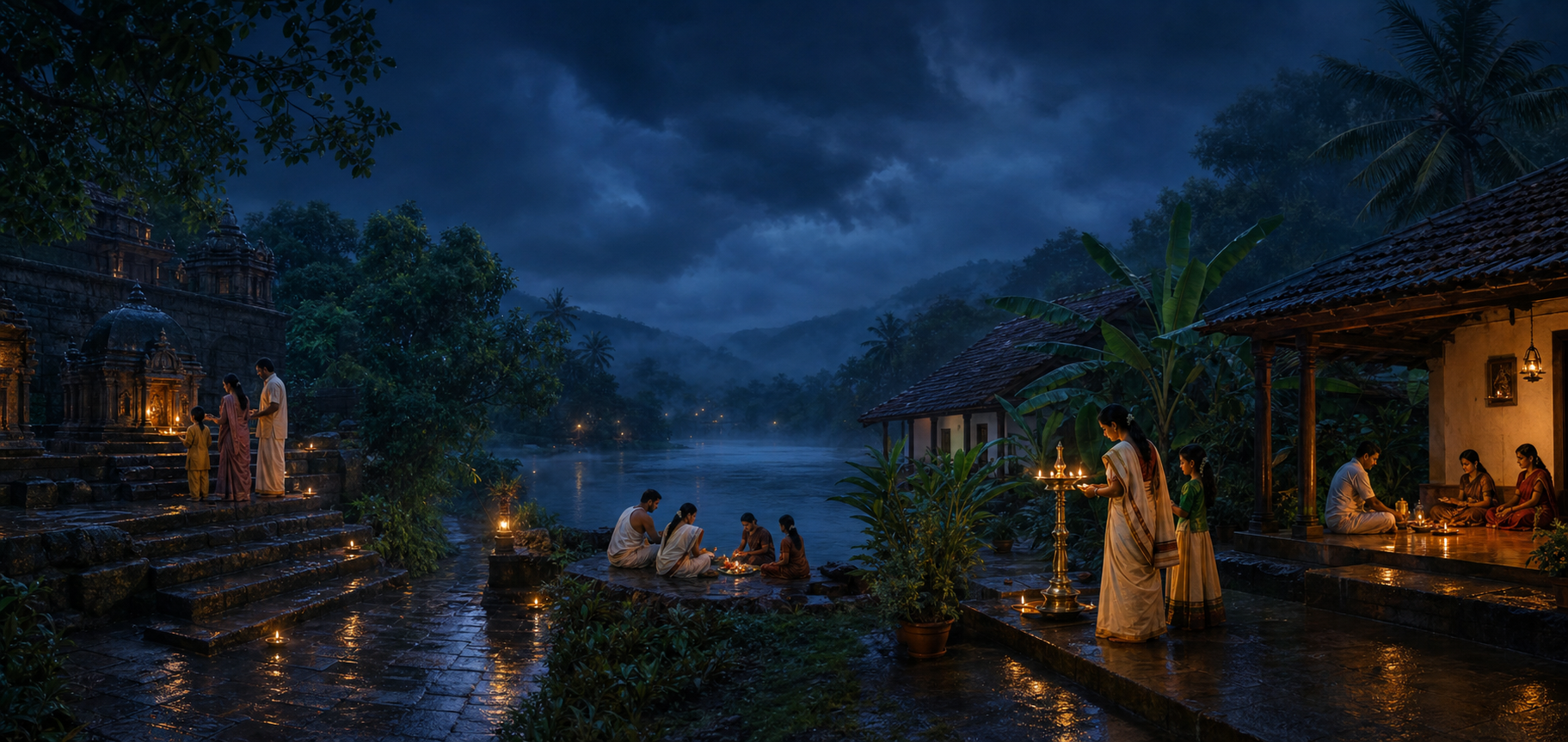 A monsoon new-moon panorama shows separate regional observances in northern, western and southern Indian settings under one moonless sky.