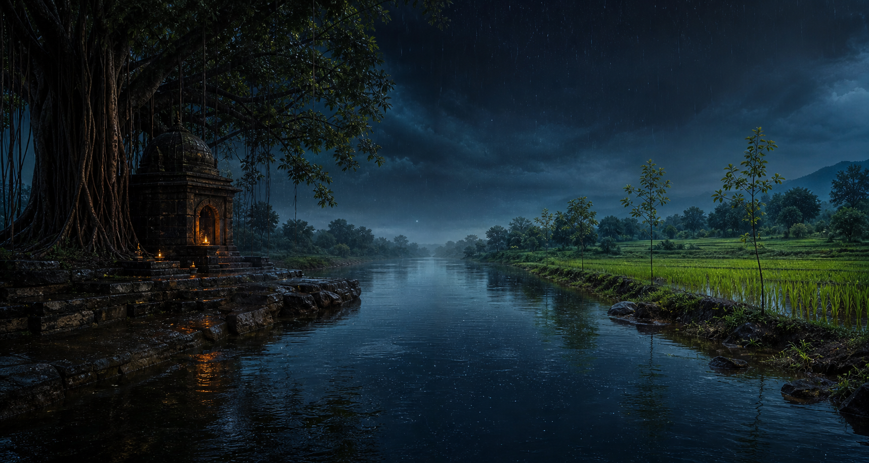 One river links two different monsoon landscapes beneath the same moonless night sky.
