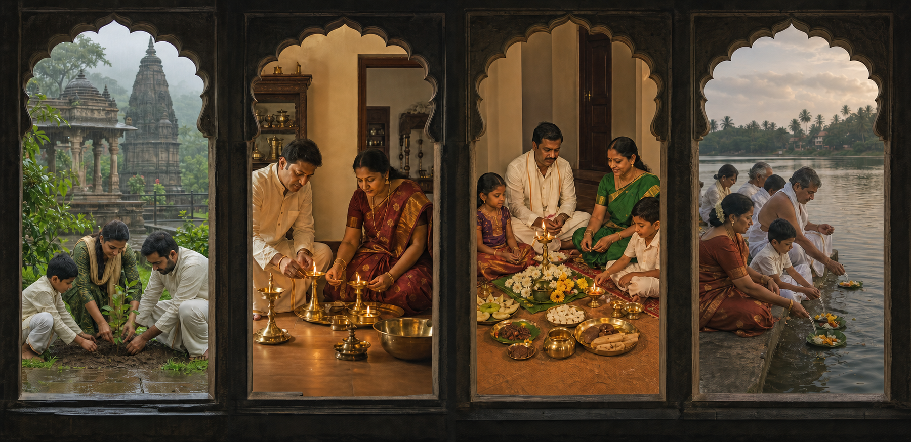 Four separate scenes show tree planting, brass lamp worship, a Karnataka household observance and southern riverside ancestral offerings.
