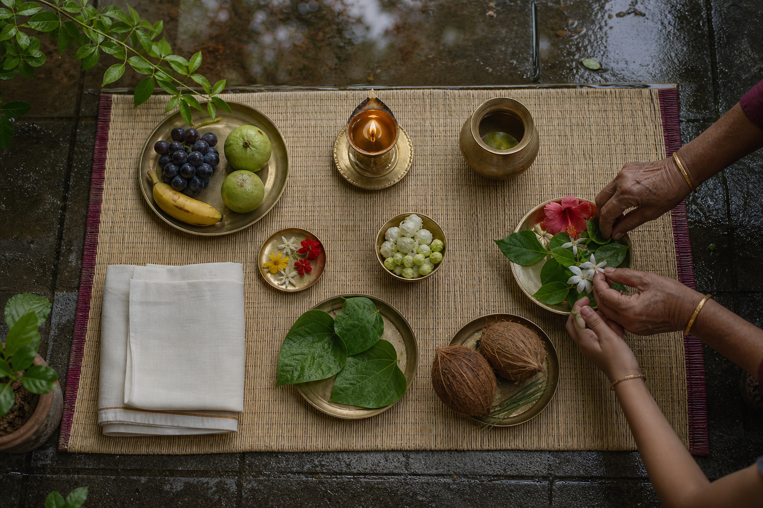 An older and younger family member arrange a lamp, water vessel, flowers, leaves and fruit on a clean mat in a monsoon courtyard.