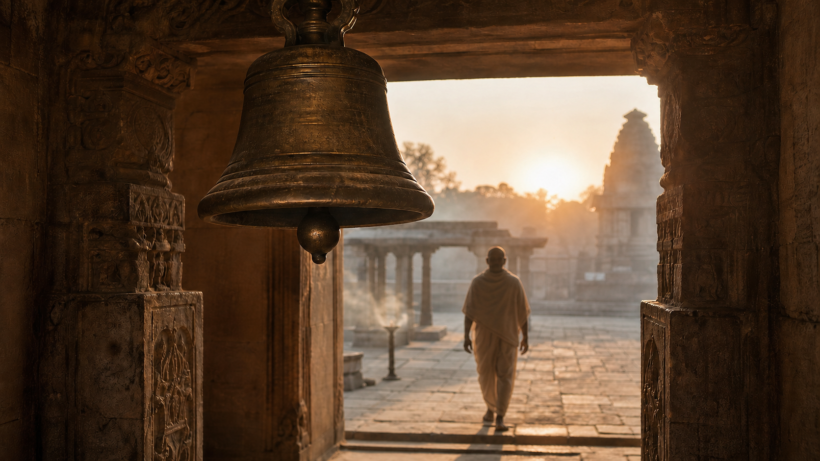 A bronze temple bell hangs at a carved stone entrance as a worshipper approaches in the warm light of dawn.