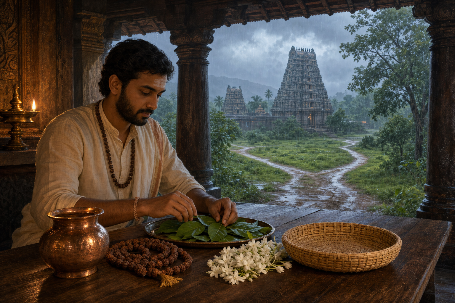 A pilgrim prepares bilva leaves, jasmine flowers, a copper vessel, and rudraksha beads near a temple veranda.