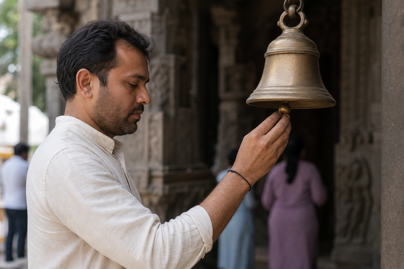 A worshipper gently rings a bronze bell with a restrained motion at a quiet temple entrance.