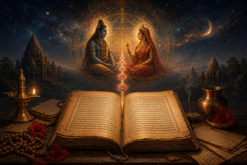 Open Sanskrit manuscript beneath Bhairava and Bhairavi in a glowing golden yantra, surrounded by temples and ritual objects.