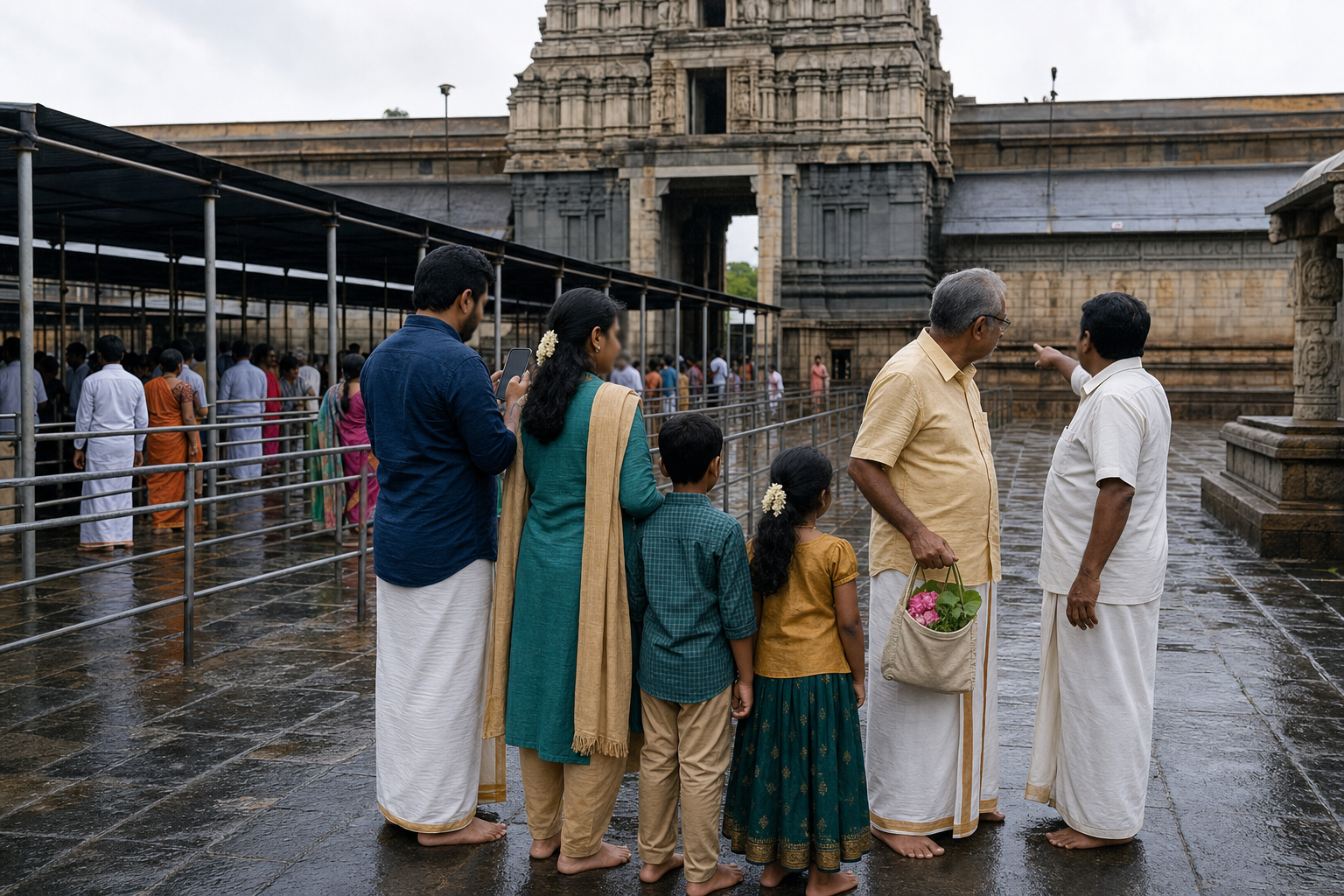 A family checks pilgrimage details before joining an orderly queue in a rain-washed temple courtyard.