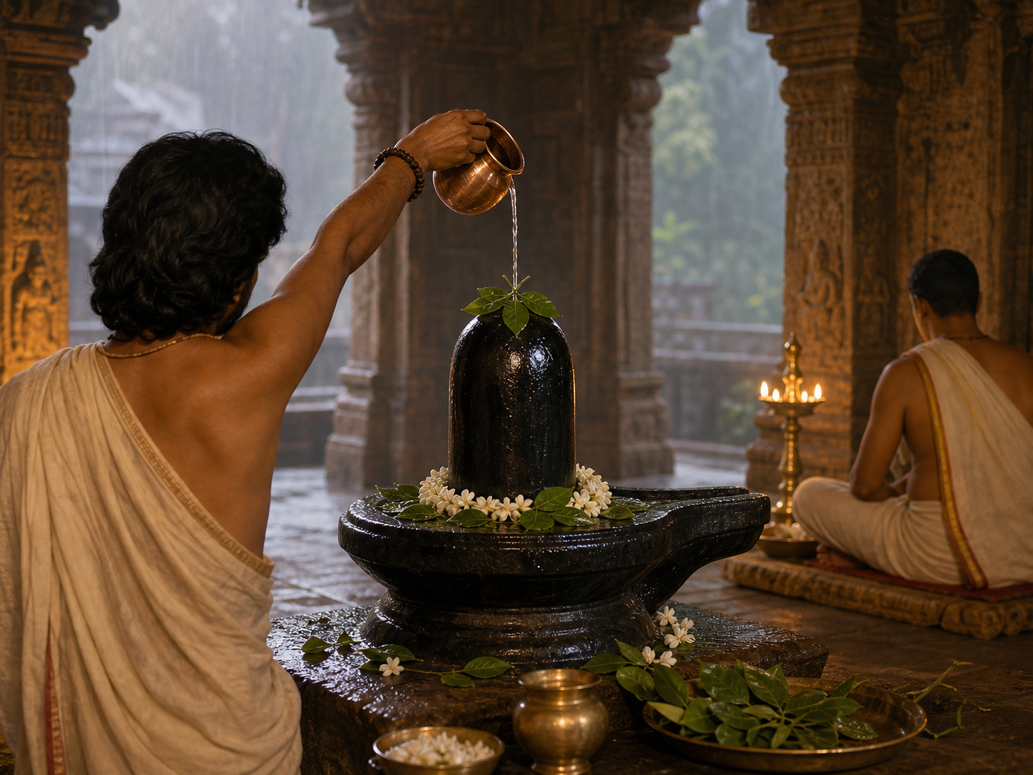 A worshipper offers water and bilva leaves to a Shiva linga in a softly lit stone mandapa.