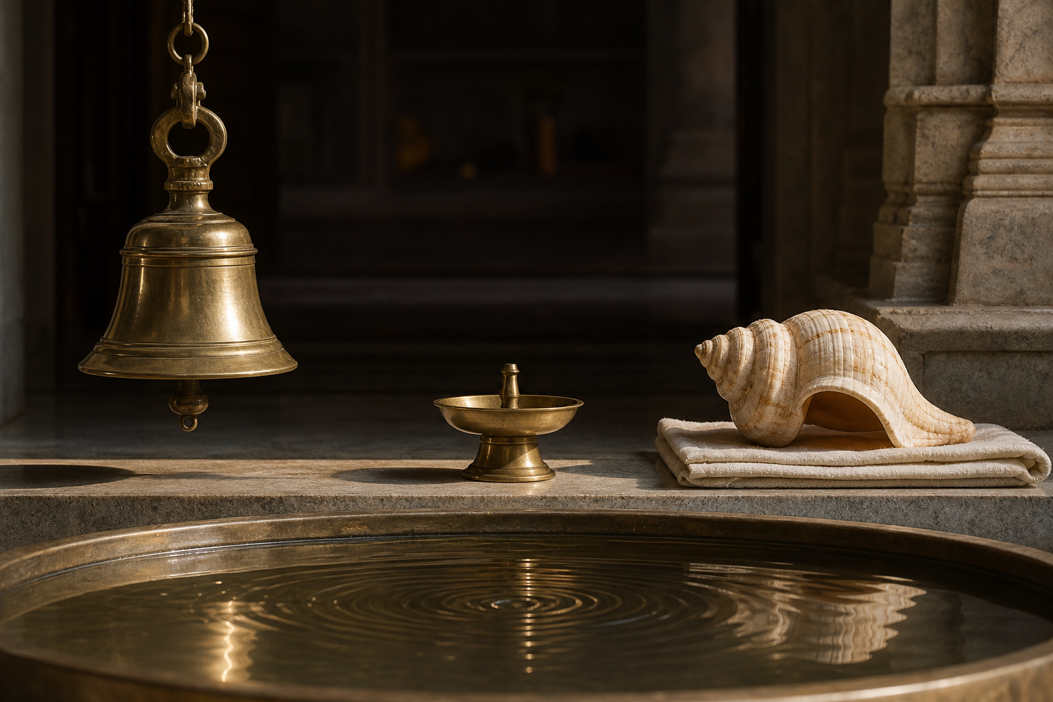A bronze temple bell, a conch shell, a brass lamp, and rippling water are arranged in a quiet stone hall.