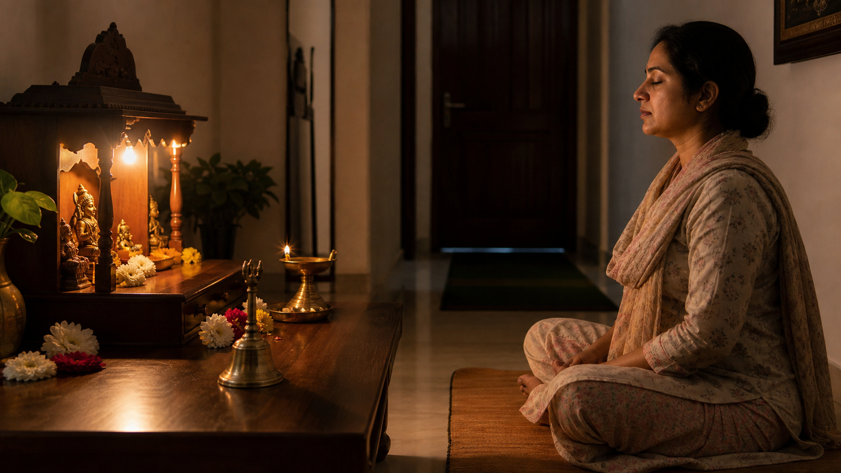 A small handbell rests beside a lamp and flowers at a quiet home shrine while a devotee sits nearby.