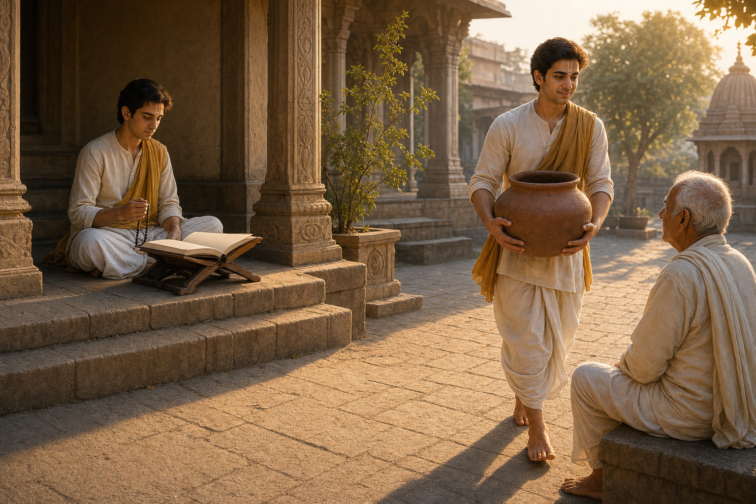 A Vaishnava practitioner studies scripture with prayer beads in a temple courtyard and then carries water to an elderly devotee.