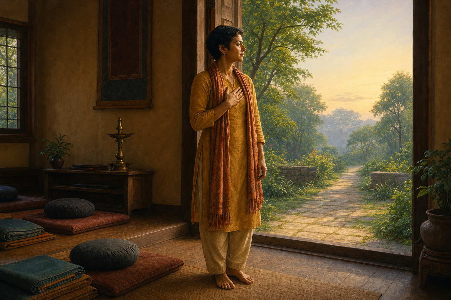 A barefoot practitioner pauses at the open doorway of a meditation hall, with cushions behind them and a clear path into a sunlit courtyard ahead.