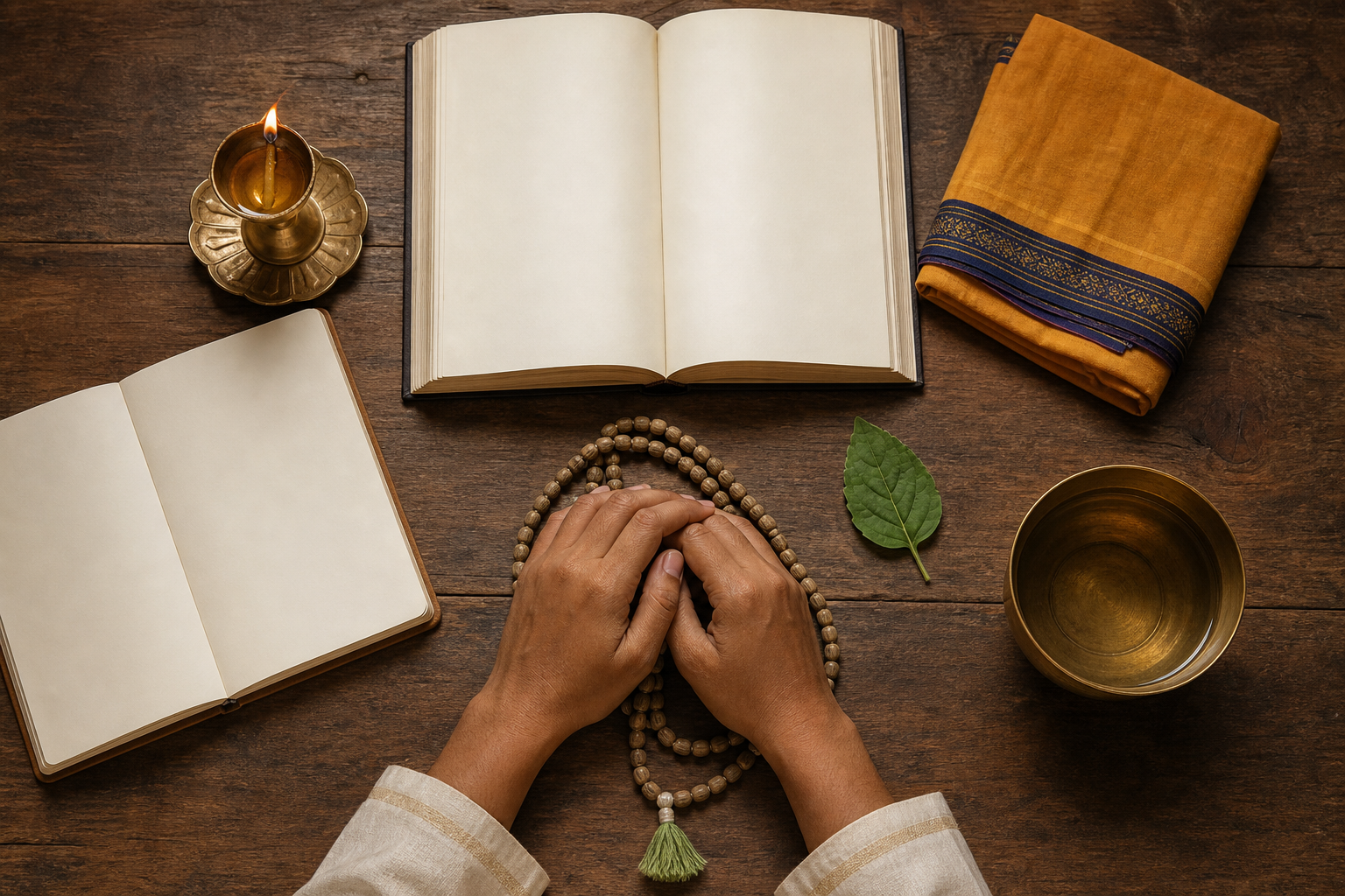 Prayer beads, a blank open book, an oil lamp, a notebook, a service cloth, a brass bowl, and a tulasi leaf arranged around a practitioner's hands.