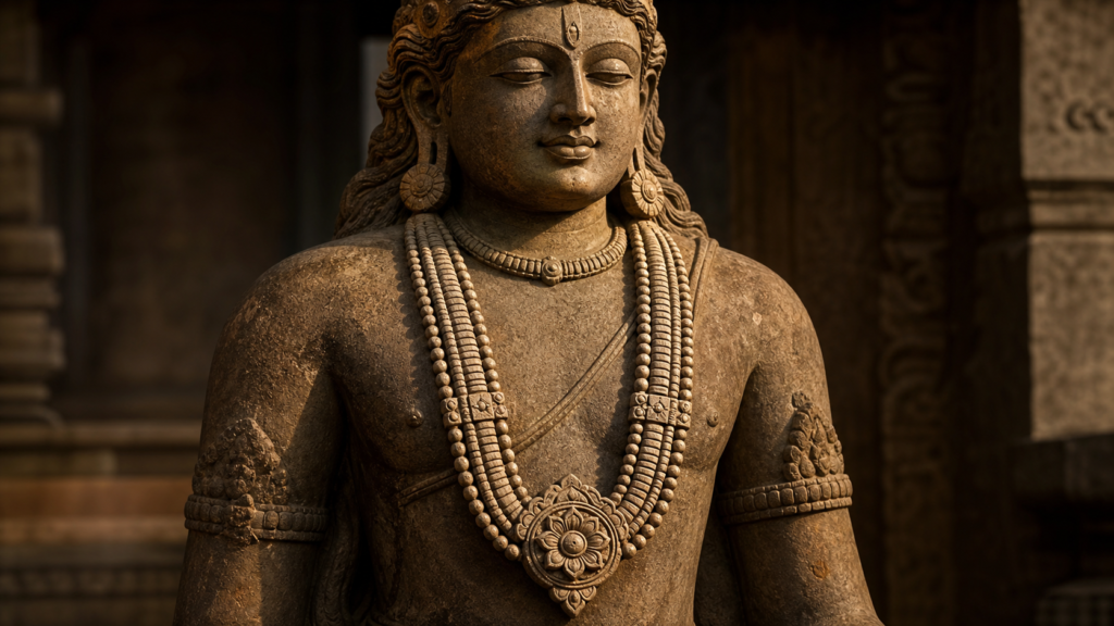 Warmly lit Hindu stone sculpture wearing a multi-strand hara necklace with a carved lotus pendant