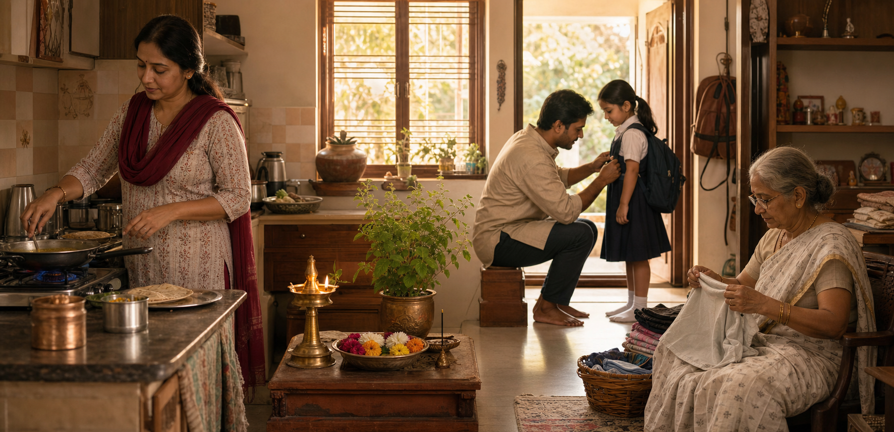 A multigenerational Hindu family prepares breakfast, helps a child with a school bag, and folds laundry near a glowing brass lamp and tulsi plant.