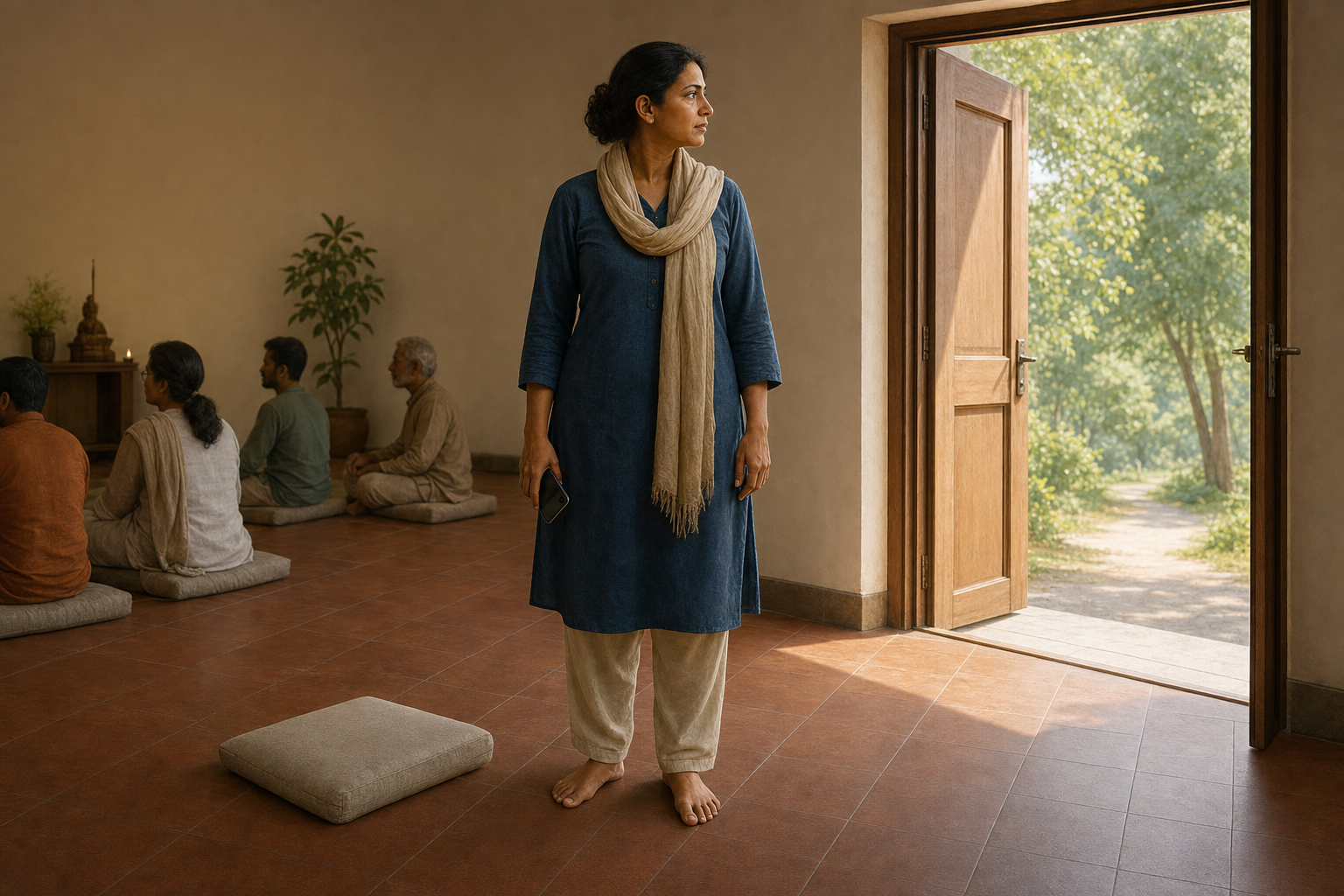 A woman in a satsang room observes the people around her while standing beside an open, unobstructed doorway with a phone at her side.