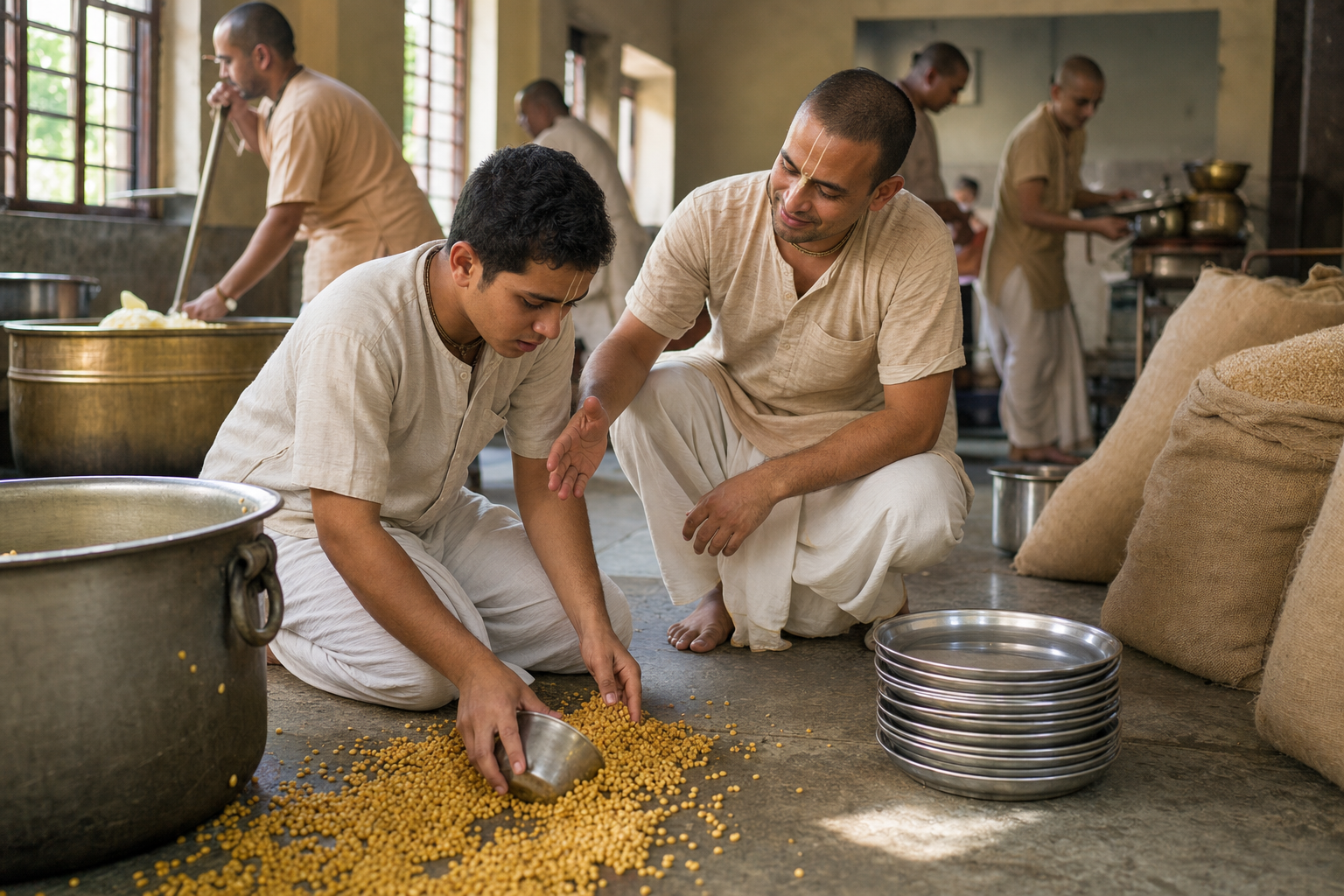 Two volunteers kneel to clean up spilled lentils in a Vaishnava community kitchen while others prepare a meal nearby.