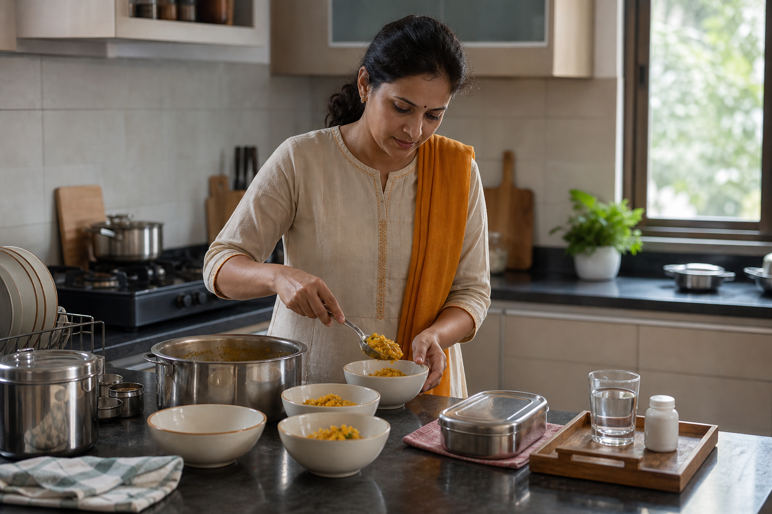 A householder portions a meal in an Indian kitchen beside a tray of water and medicine prepared for an older family member.