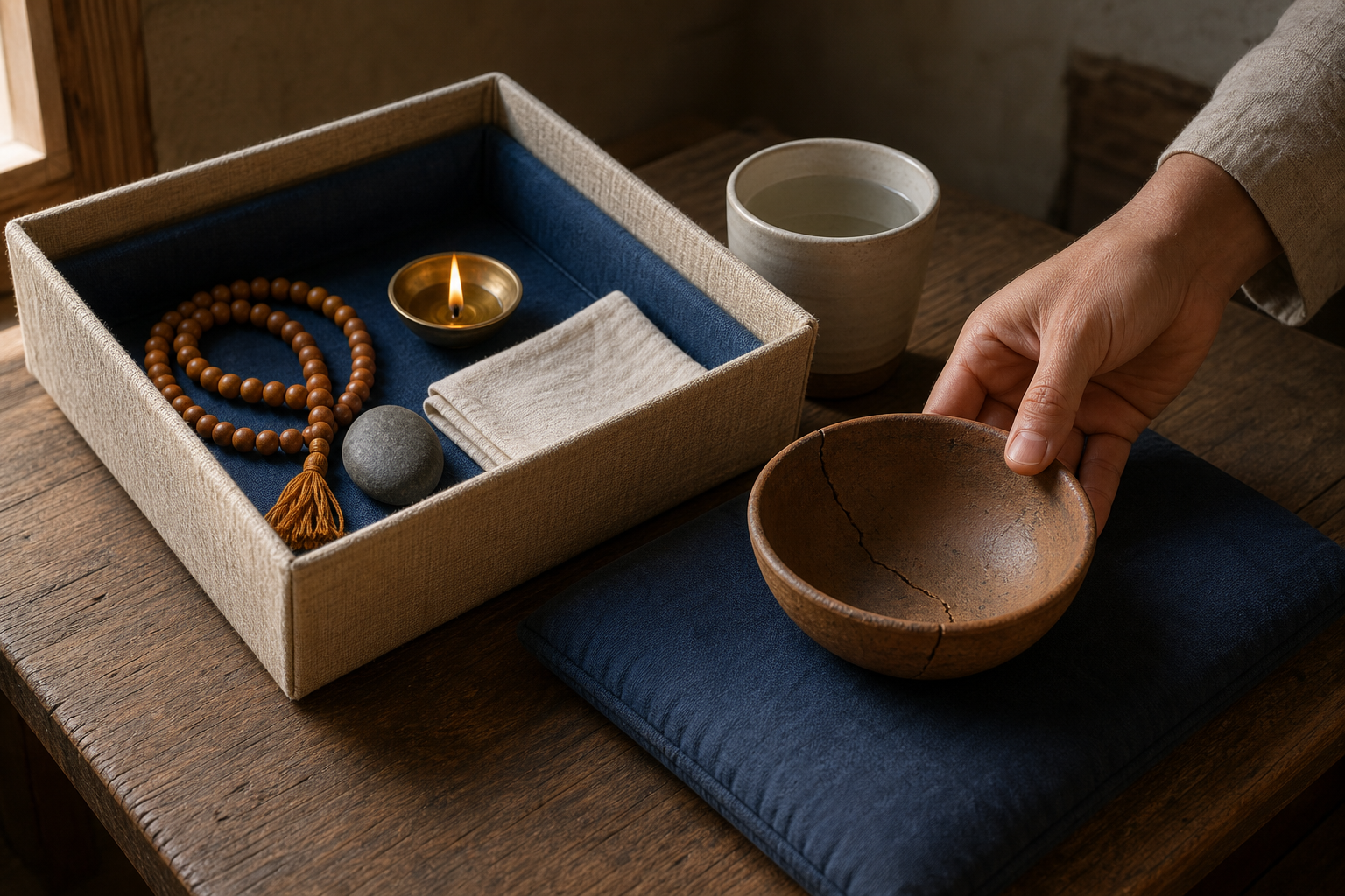 A hand sets a cracked clay bowl beside an open cloth-lined box containing a mala, a lit brass lamp, a stone, a handkerchief, and a cup of water.