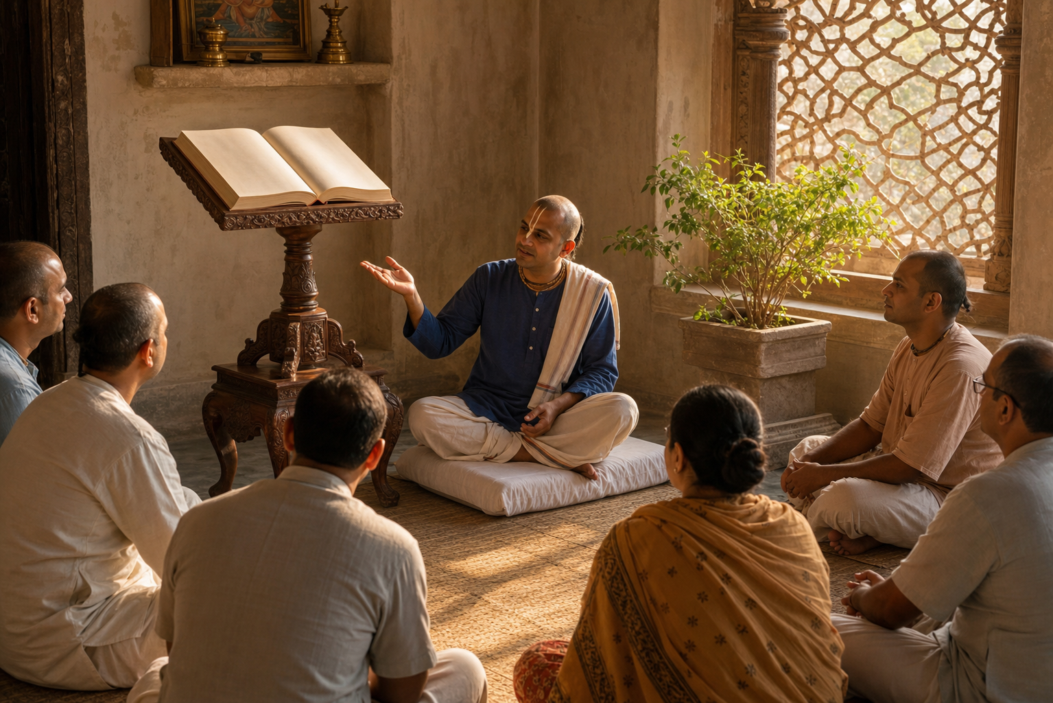A seated Vaishnava speaker gestures toward a scripture on a raised stand while a small group listens in a temple study room.