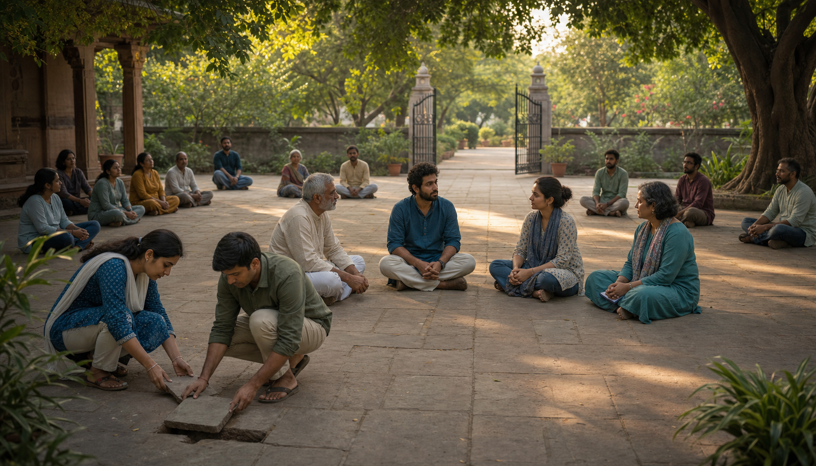 A person sits with three trusted supporters in a spacious courtyard circle while two people reset a displaced stone in the path and a garden gate remains visible.