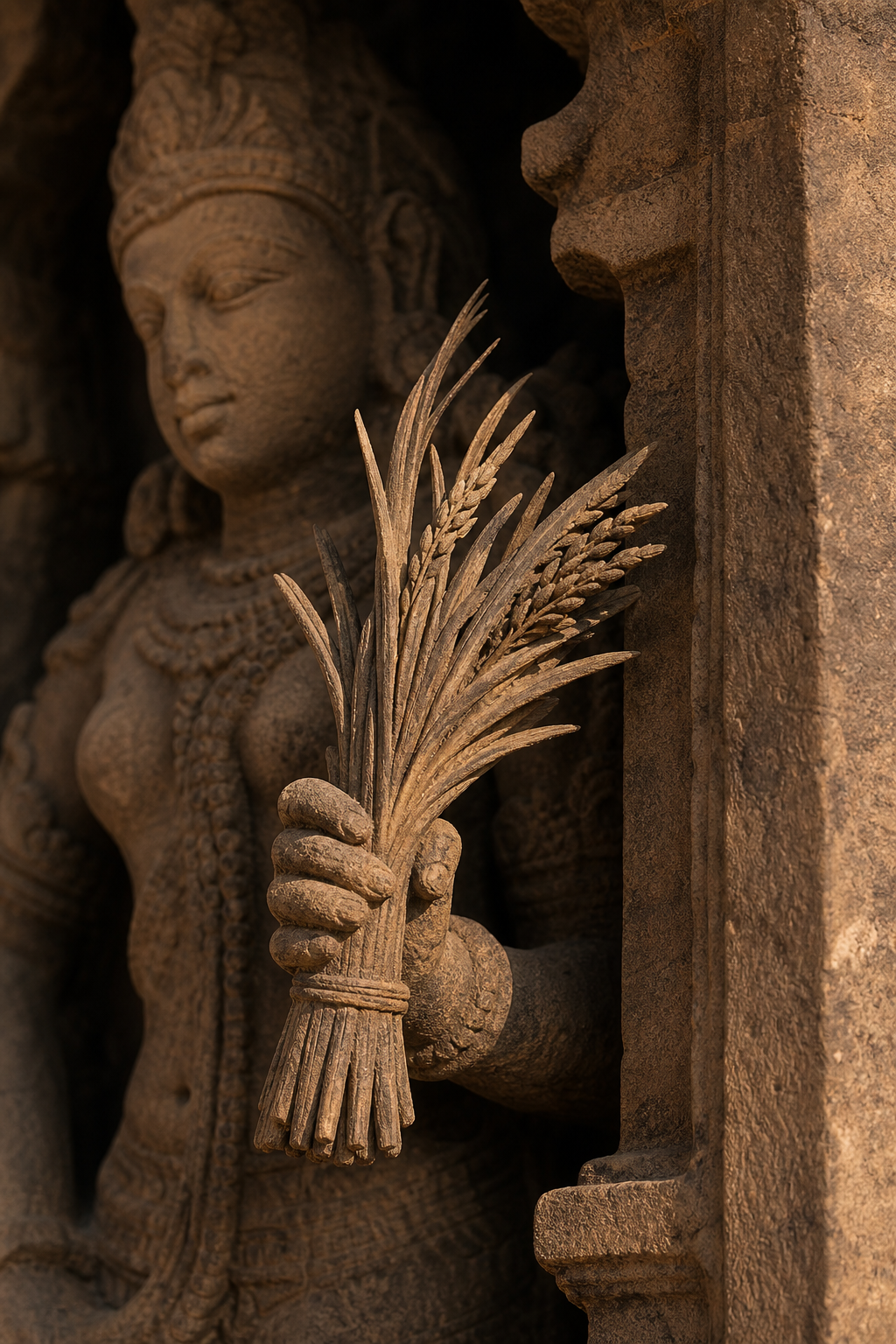 Weathered sandstone carving of a deity's hand holding a tied bundle of slender harvested plant stems in a temple niche.