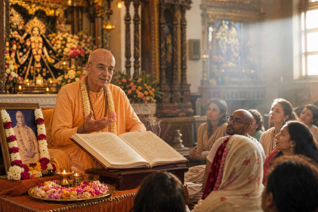Saffron-robed Vaishnava teacher explains an open Śrīmad-Bhāgavatam to a diverse congregation in a sunlit London temple.