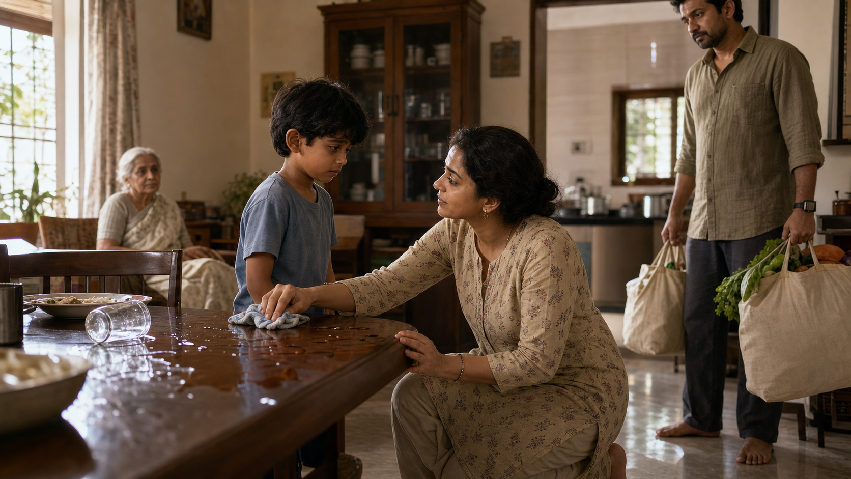 A parent responds calmly to a worried child after water spills on a dining table while other family members pause nearby.