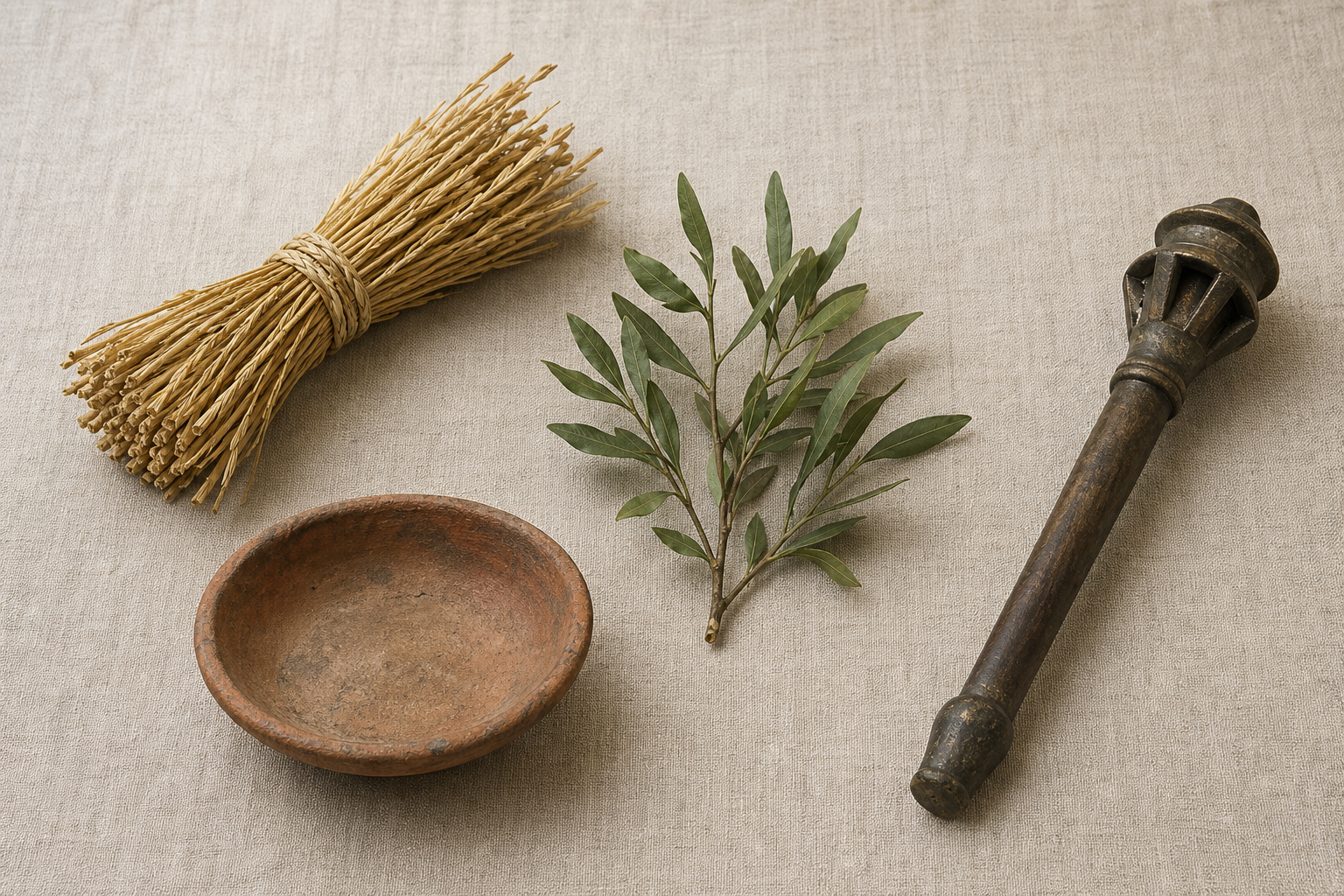 A bound grain sheaf, leafy branch, shallow vessel, and solid ceremonial implement arranged separately on neutral cloth for visual comparison.