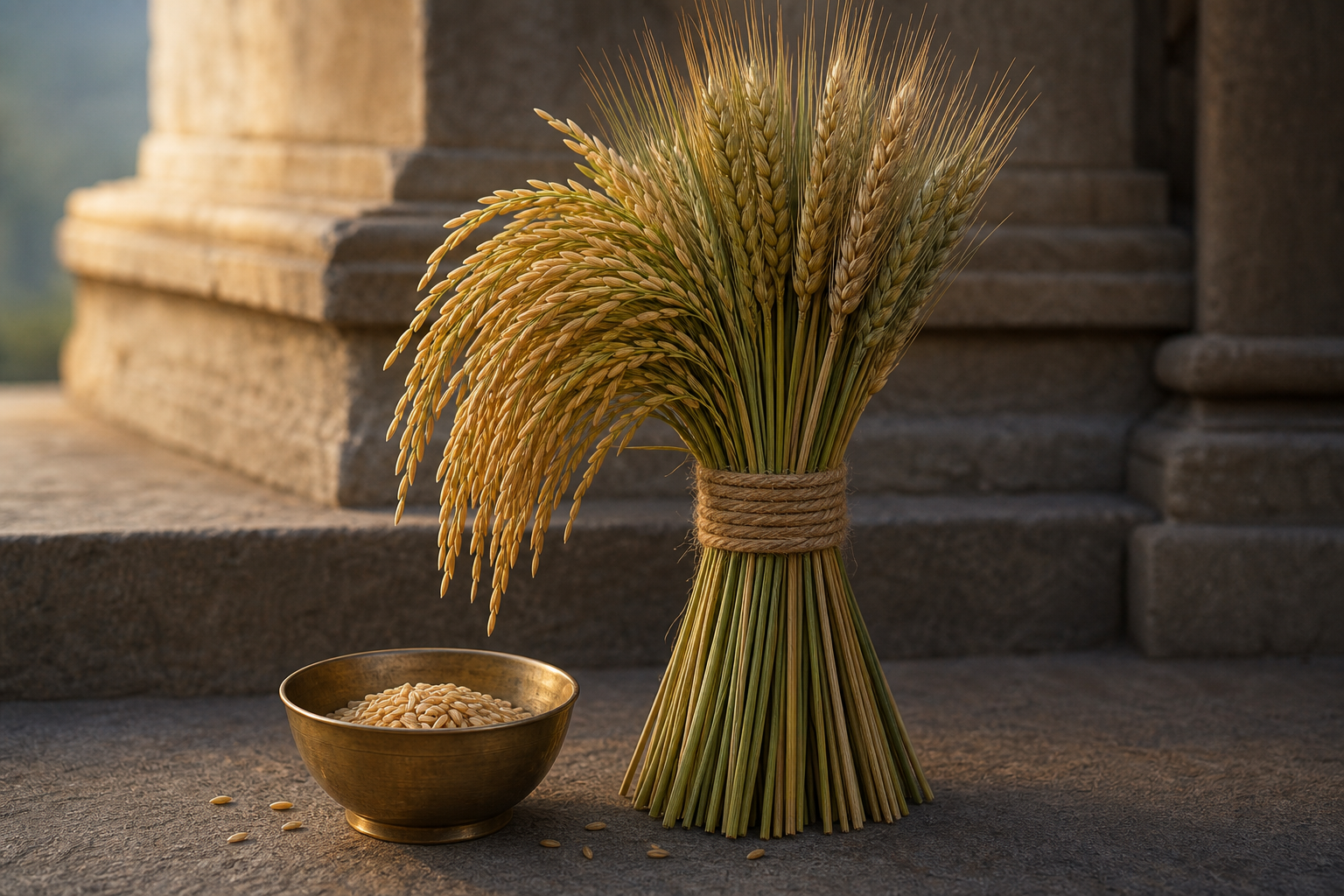 A neatly bound sheaf of rice and barley rests beside a bronze bowl containing a modest offering of grain on a stone threshold.