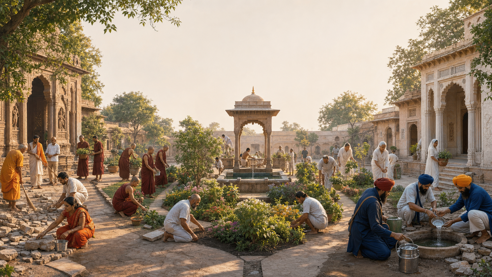 Hindu, Buddhist, Jain, and Sikh community members restore a public garden and water pavilion together in a sunlit courtyard.