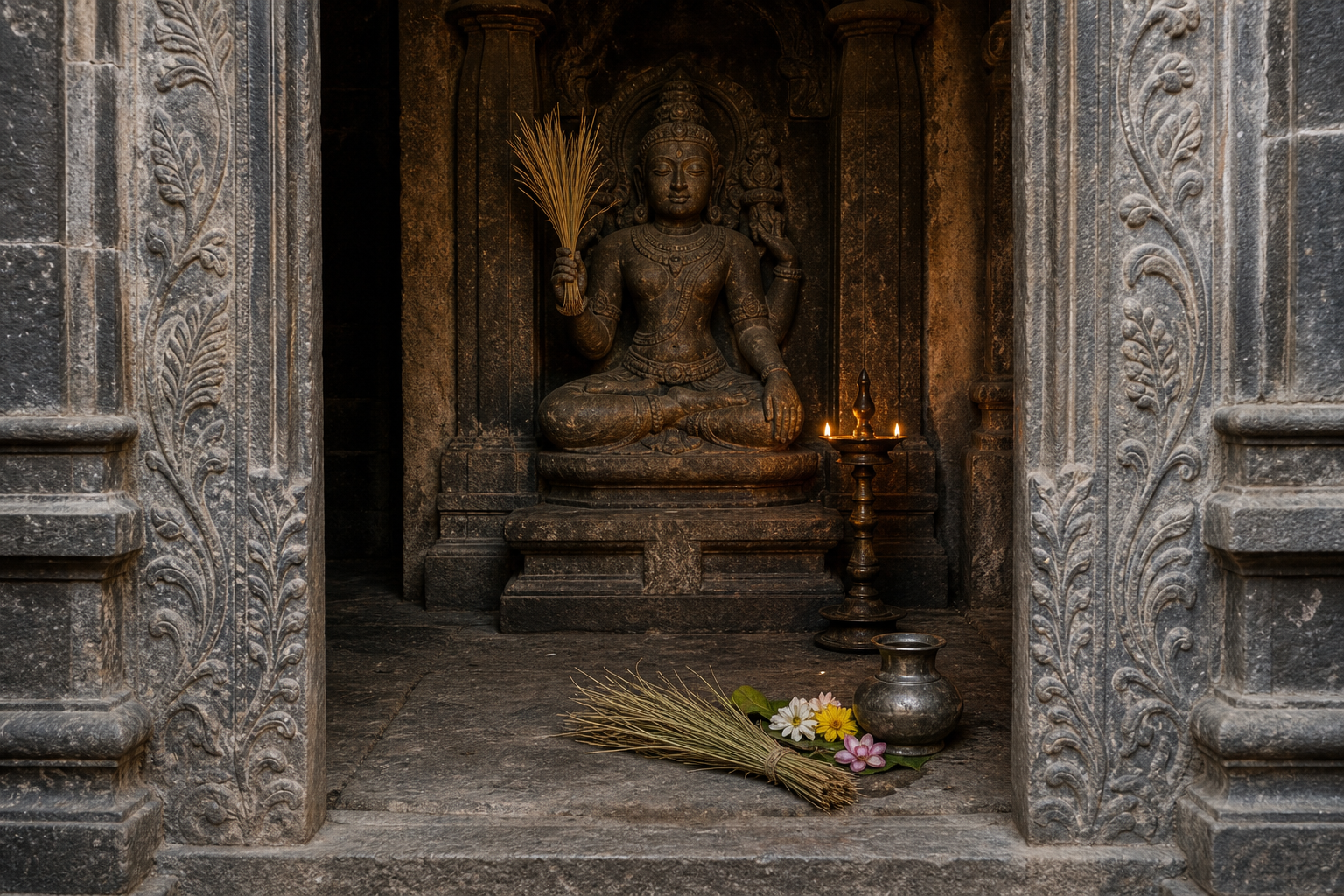 Stone temple shrine with a deity holding a tied sheaf, a separate grass bundle beside offerings, and plant carvings around the doorway.