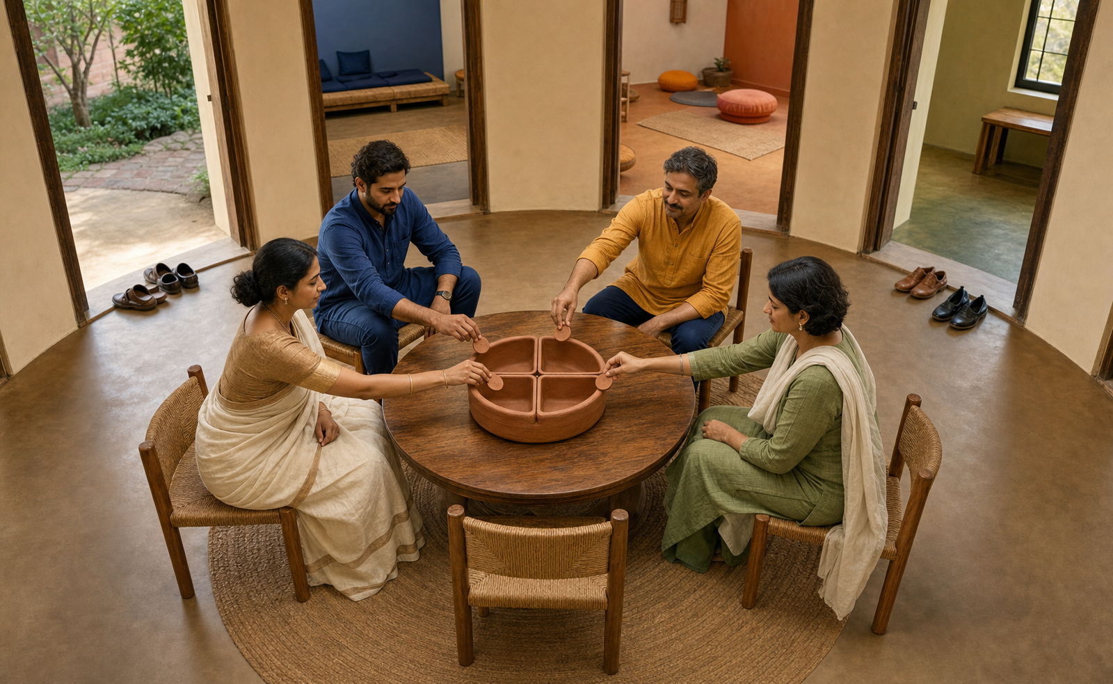 Four community representatives place unmarked clay tokens into separate compartments of a shared vessel during a circular meeting.