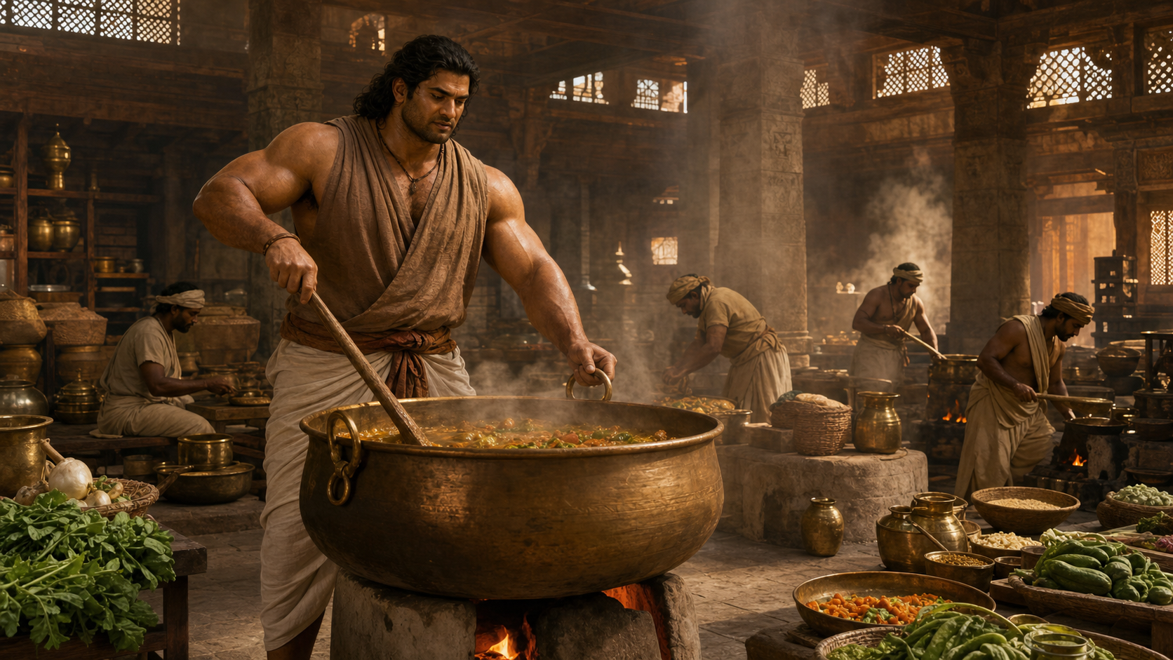 A powerful man dressed as a palace cook stirs a bronze cauldron in an ancient Indian royal kitchen while other workers prepare food around him.
