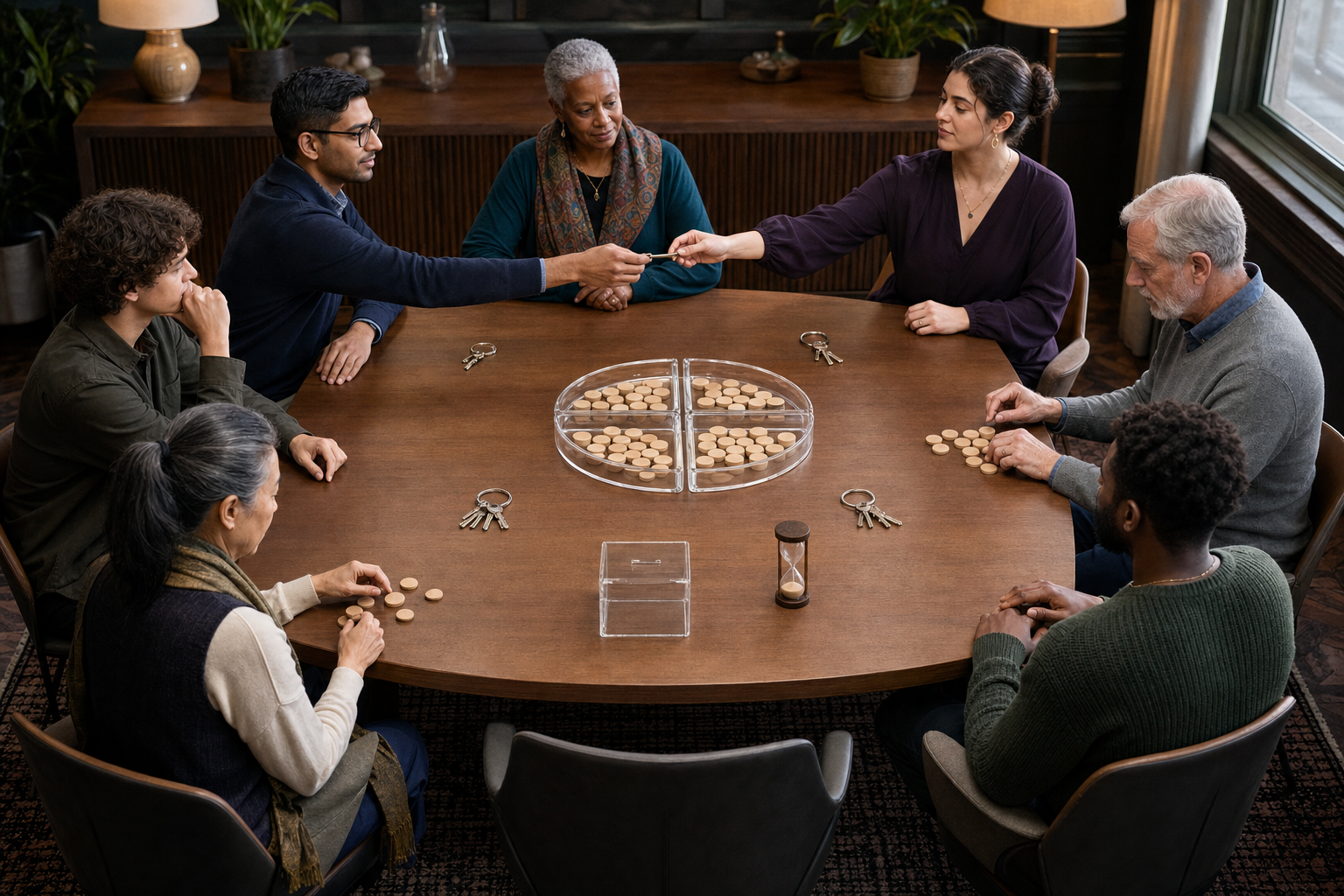 A diverse council shares keys and counts wooden tokens around an equal-sided table with an empty seat and transparent contribution box.