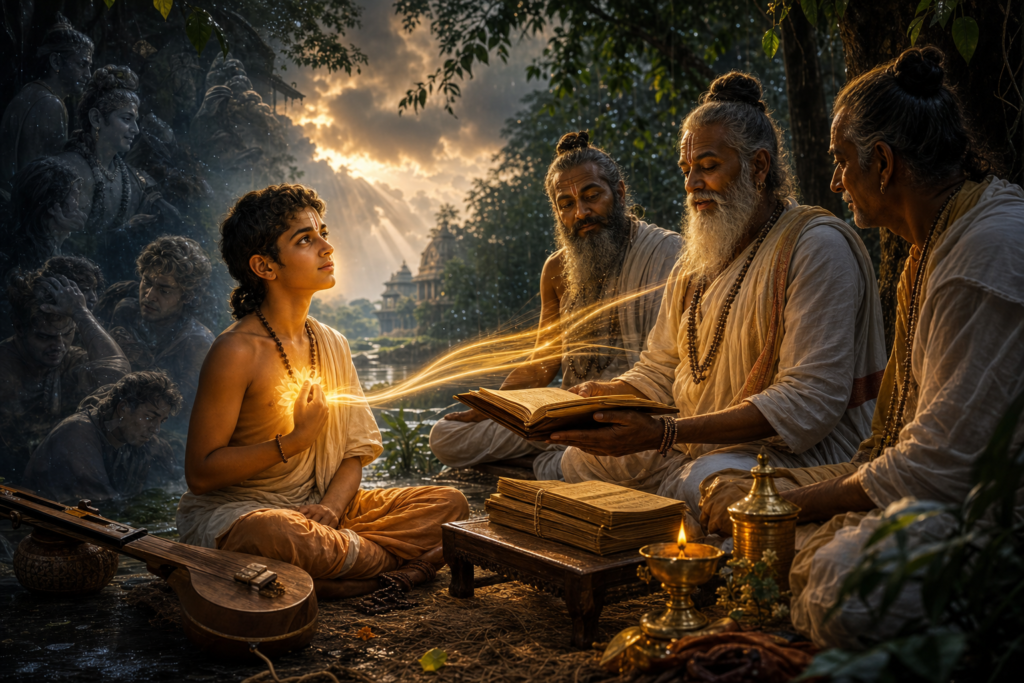Young Nārada listens to Vaiṣṇava sages reciting scripture as golden light flows toward his radiant heart in a forest hermitage.