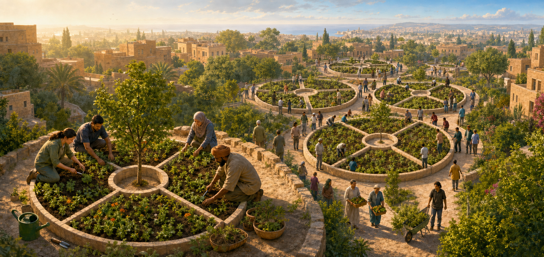 A small four-part community garden expands into a network of larger courtyards that preserve the same balanced layout.