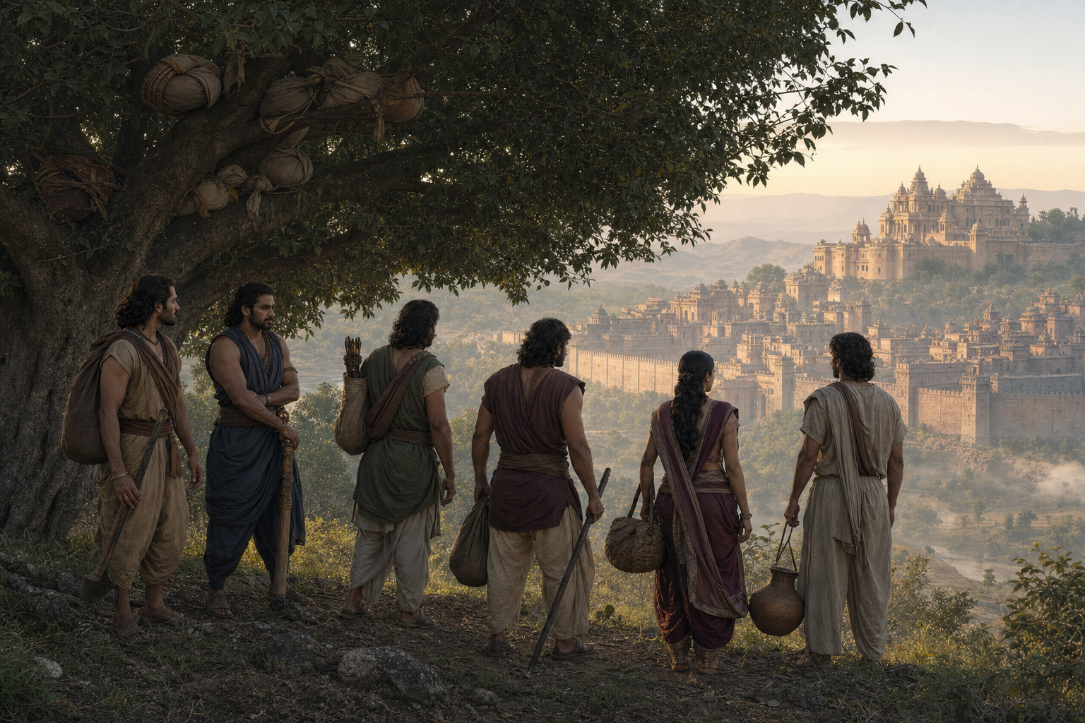 Five brothers and a woman in simple clothing stand beneath a large tree with wrapped weapons hidden in its branches as they look toward a distant fortified city.