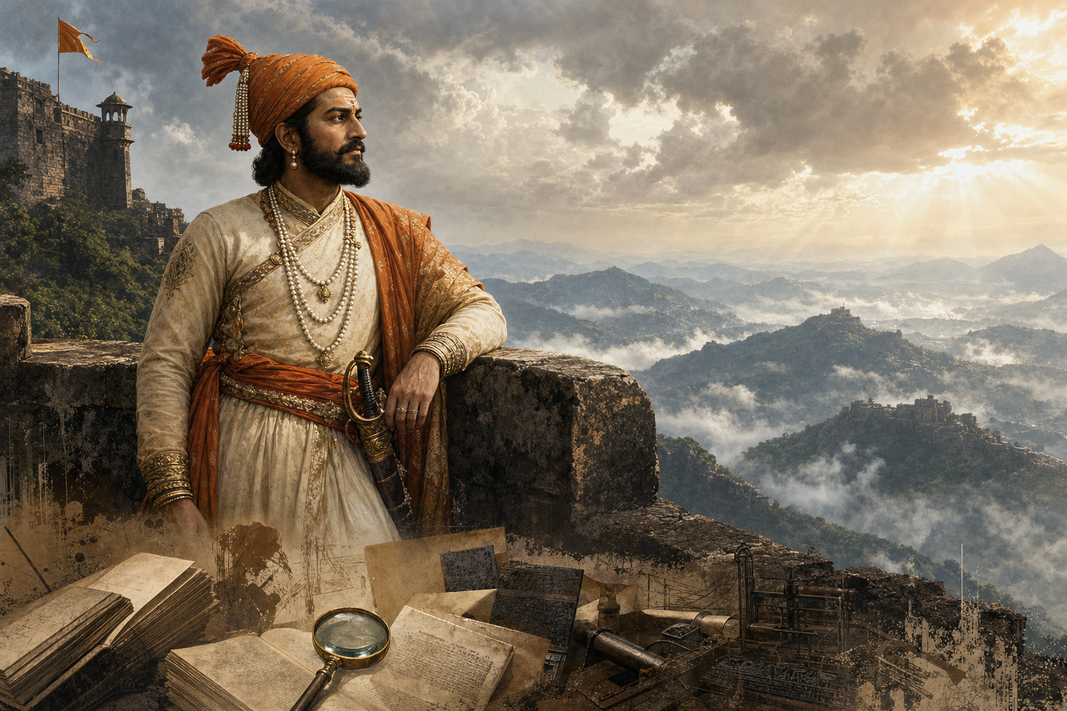 Illustration of Shivaji Maharaj on a misty Deccan hill fort above archival papers and a magnifying lens.
