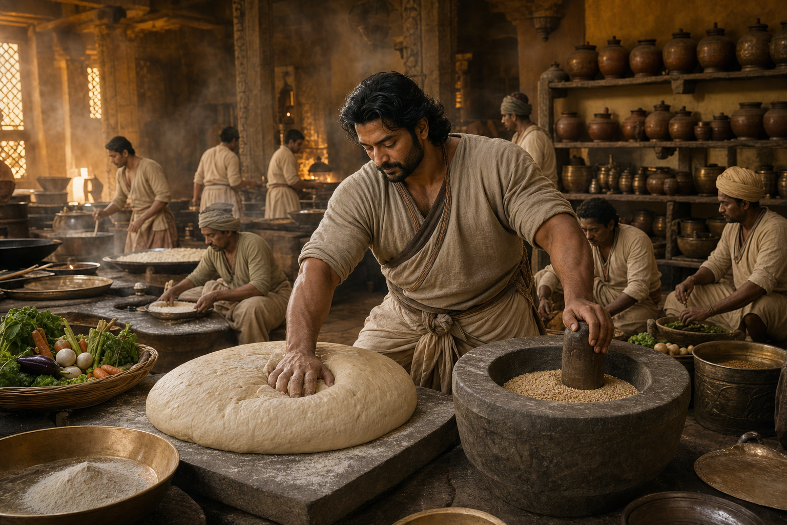 A broad-shouldered palace cook kneads a large mound of dough and steadies a heavy mortar in a busy ancient Indian kitchen.