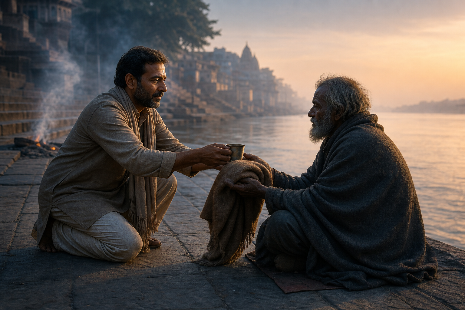 A person on riverside stone steps offers a shawl and cup of water to an older stranger as dawn light crosses both figures.