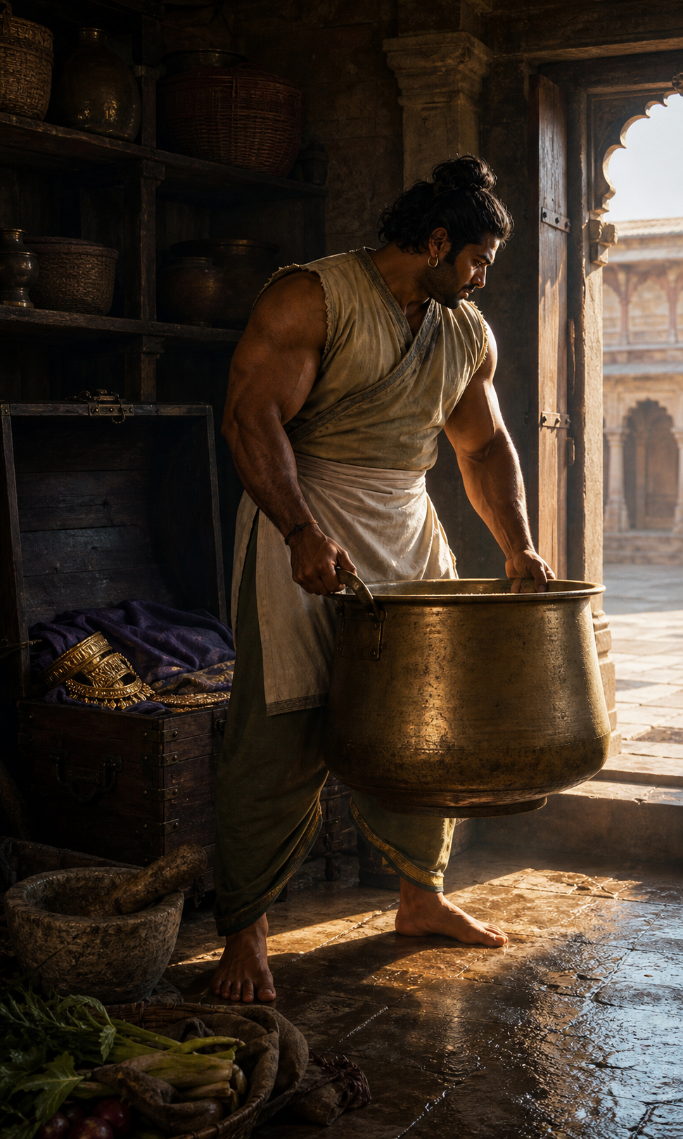 A powerful man in simple cook's clothing stands in a palace storeroom beside a shadowed chest containing fine garments and a bronze cooking pot lit by dawn.