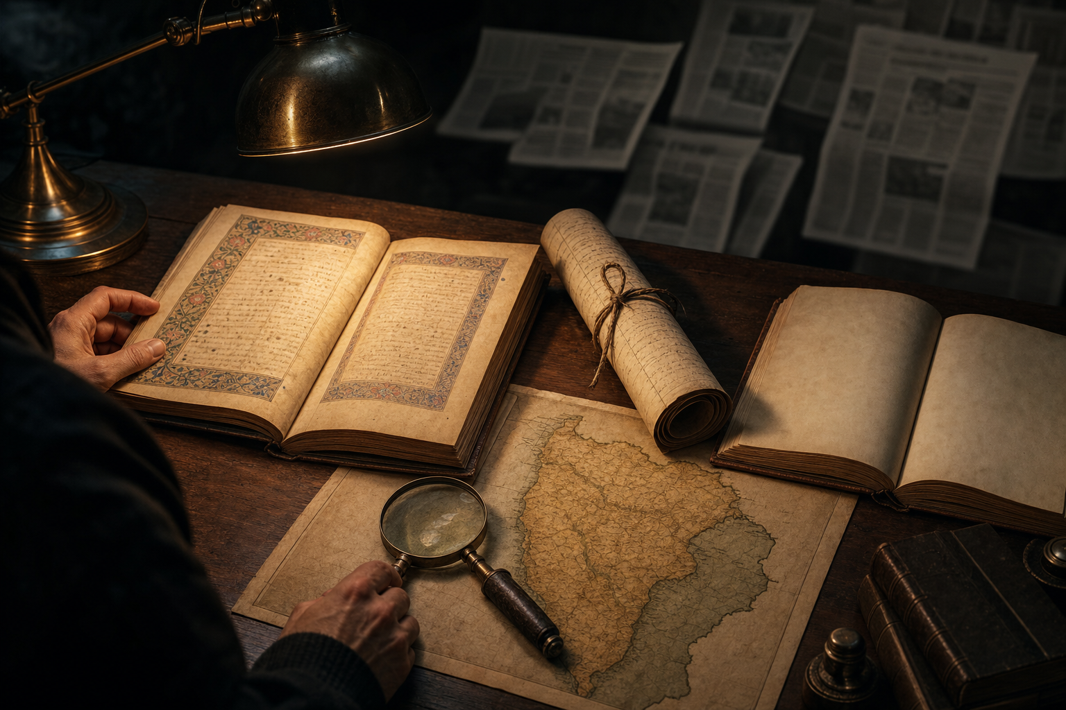 A researcher compares old manuscripts, a journal, and an unlabeled Deccan map under a reading lamp.