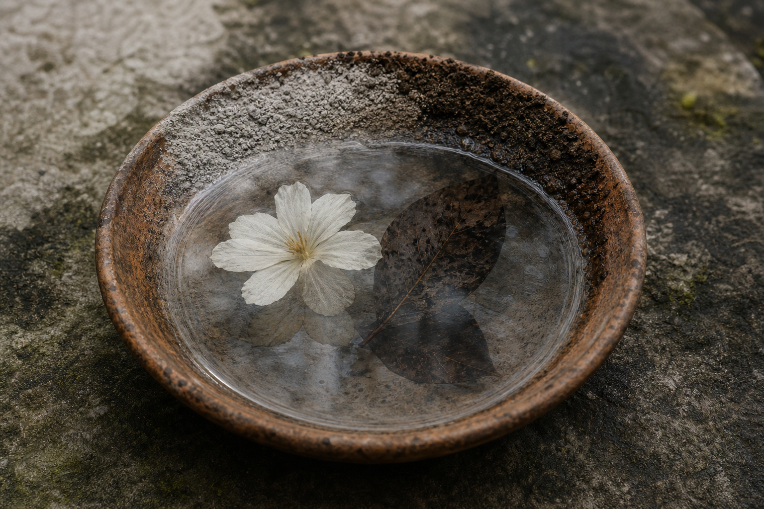 An earthen bowl of rainwater reflects a white flower and a dark fallen leaf beside pale ash and soil.